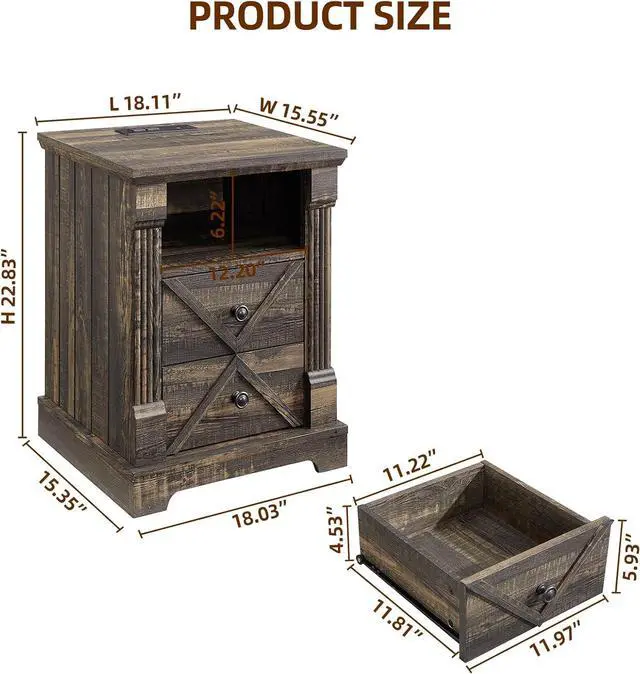 Alt view image 2 of 7 - Nightstand with Charging Station, Rustic 18 Inch Farmhouse End Table with Barn Door, Wood Sofa Side Table with 2 Storage Drawers for Living Room, Bedroom, Entryway(Dark Rustic Oak)
