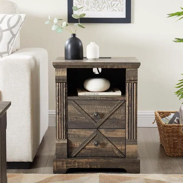 Alt view image 3 of 7 - Nightstand with Charging Station, Rustic 18 Inch Farmhouse End Table with Barn Door, Wood Sofa Side Table with 2 Storage Drawers for Living Room, Bedroom, Entryway(Dark Rustic Oak)