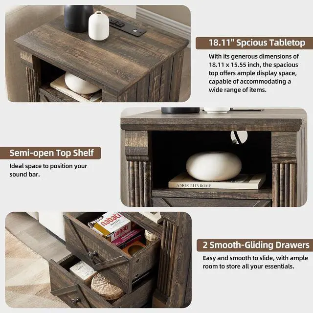 Alt view image 5 of 7 - Nightstand with Charging Station, Rustic 18 Inch Farmhouse End Table with Barn Door, Wood Sofa Side Table with 2 Storage Drawers for Living Room, Bedroom, Entryway(Dark Rustic Oak)