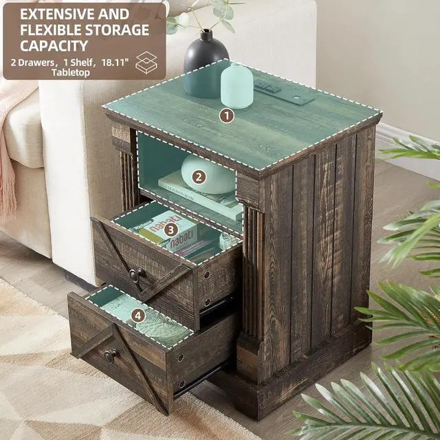 Alt view image 4 of 7 - Nightstand with Charging Station, Rustic 18 Inch Farmhouse End Table with Barn Door, Wood Sofa Side Table with 2 Storage Drawers for Living Room, Bedroom, Entryway(Dark Rustic Oak)