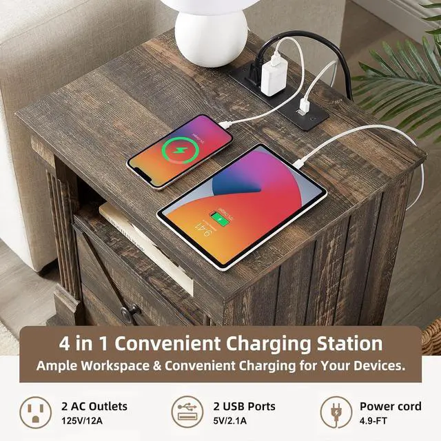 Alt view image 6 of 7 - Nightstand with Charging Station, Rustic 18 Inch Farmhouse End Table with Barn Door, Wood Sofa Side Table with 2 Storage Drawers for Living Room, Bedroom, Entryway(Dark Rustic Oak)