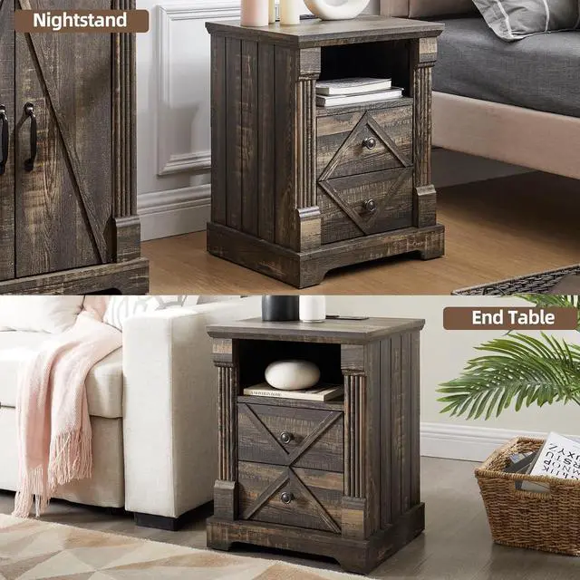 Alt view image 7 of 7 - Nightstand with Charging Station, Rustic 18 Inch Farmhouse End Table with Barn Door, Wood Sofa Side Table with 2 Storage Drawers for Living Room, Bedroom, Entryway(Dark Rustic Oak)