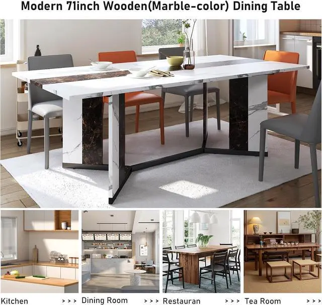 Alt view image 5 of 7 - 71In Large Rectangular White Dining Table for 4 5 6 7 People w/35in Marble-Color Wood Watrproof Tabletop,Adjustable Leg.6ft Luxurious Family Dinner Table for Home Kitchen Living Room