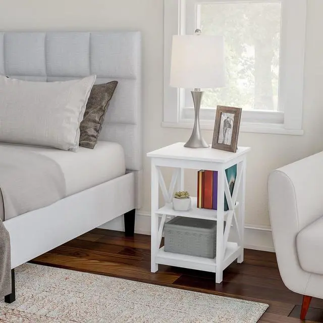 Alt view image 4 of 7 - Wooden End Table - Modern Style Sofa Side Table with X-Leg Design and Two Shelves - Small Furniture for Living Room or Bedroom by Lavish Home (White)