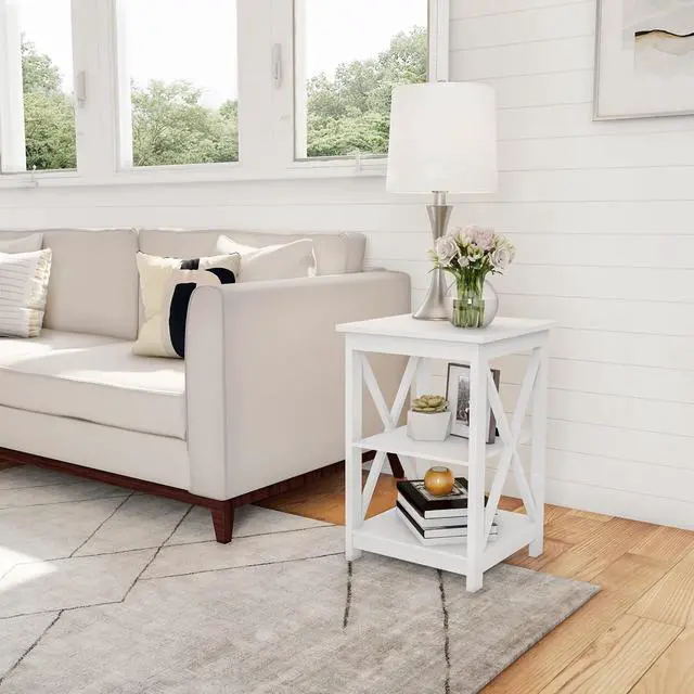 Alt view image 5 of 7 - Wooden End Table - Modern Style Sofa Side Table with X-Leg Design and Two Shelves - Small Furniture for Living Room or Bedroom by Lavish Home (White)