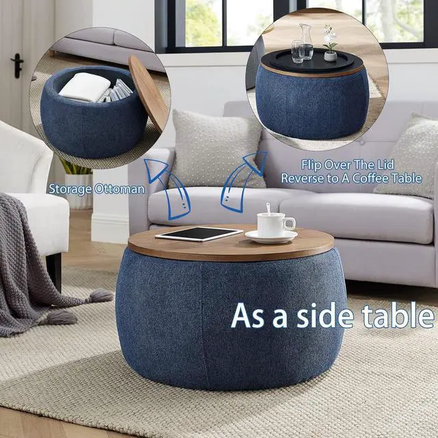 Alt view image 3 of 7 - Round Storage Ottoman Coffee Table, Footstool, Side Table End Table for Living Room (Navy Blue)