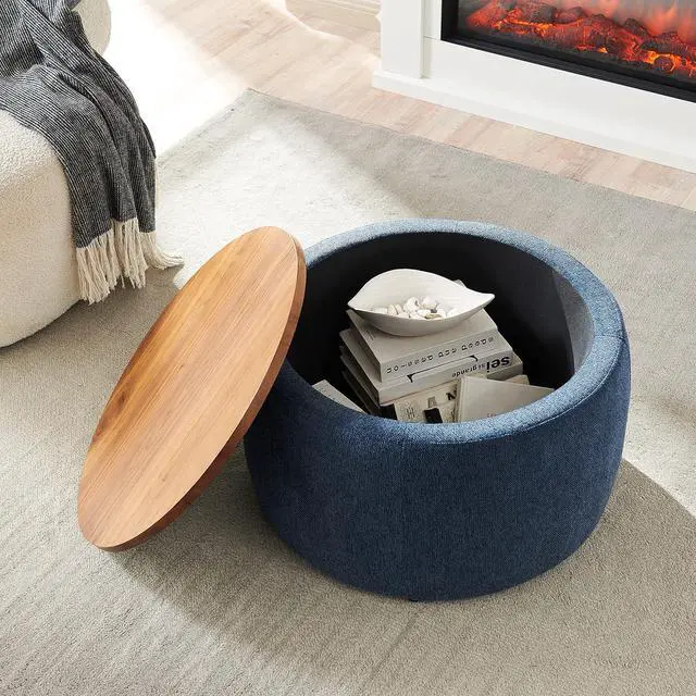 Alt view image 4 of 7 - Round Storage Ottoman Coffee Table, Footstool, Side Table End Table for Living Room (Navy Blue)