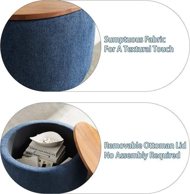 Alt view image 5 of 7 - Round Storage Ottoman Coffee Table, Footstool, Side Table End Table for Living Room (Navy Blue)