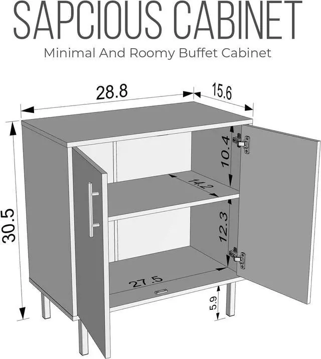 Alt view image 2 of 7 - EconoHome Wood Buffet Cabinet with Storage, Grey Wood Sideboard Cabinet with 2 Doors, Credenza for Living Room, Office, Kitchen, Dining Room, Bedroom, as a TV Stand or Cupboard Console Table