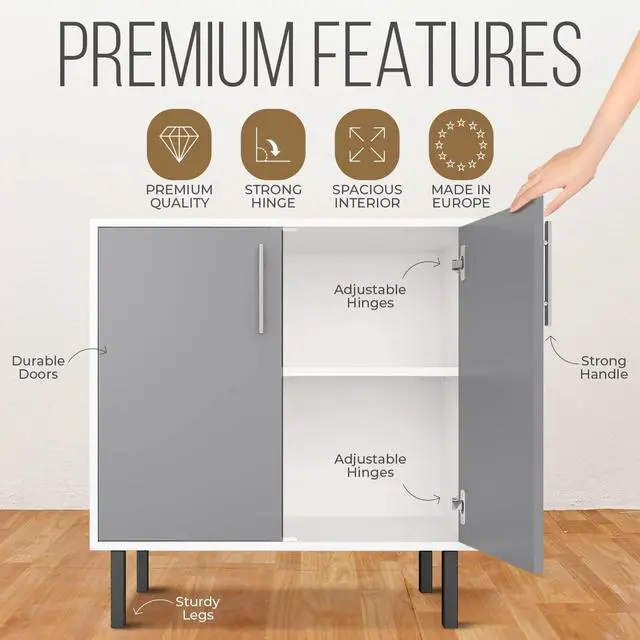 Alt view image 4 of 7 - EconoHome Wood Buffet Cabinet with Storage, Grey Wood Sideboard Cabinet with 2 Doors, Credenza for Living Room, Office, Kitchen, Dining Room, Bedroom, as a TV Stand or Cupboard Console Table
