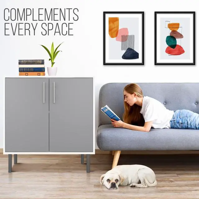 Alt view image 6 of 7 - EconoHome Wood Buffet Cabinet with Storage, Grey Wood Sideboard Cabinet with 2 Doors, Credenza for Living Room, Office, Kitchen, Dining Room, Bedroom, as a TV Stand or Cupboard Console Table