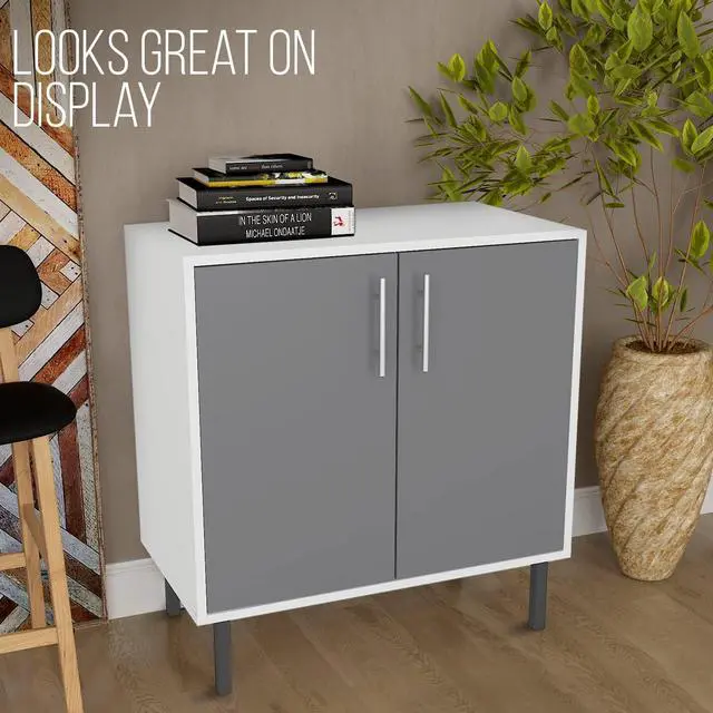 Alt view image 7 of 7 - EconoHome Wood Buffet Cabinet with Storage, Grey Wood Sideboard Cabinet with 2 Doors, Credenza for Living Room, Office, Kitchen, Dining Room, Bedroom, as a TV Stand or Cupboard Console Table