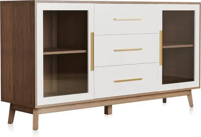 Main image of BELLEZE 014-HG-40013-WH Sideboard Buffet 3 Drawers & 2 Doors, Console Table for Kitchen Glass Storage Coffee Bar Accent Cabinet for Living Dining Room Hallway, White