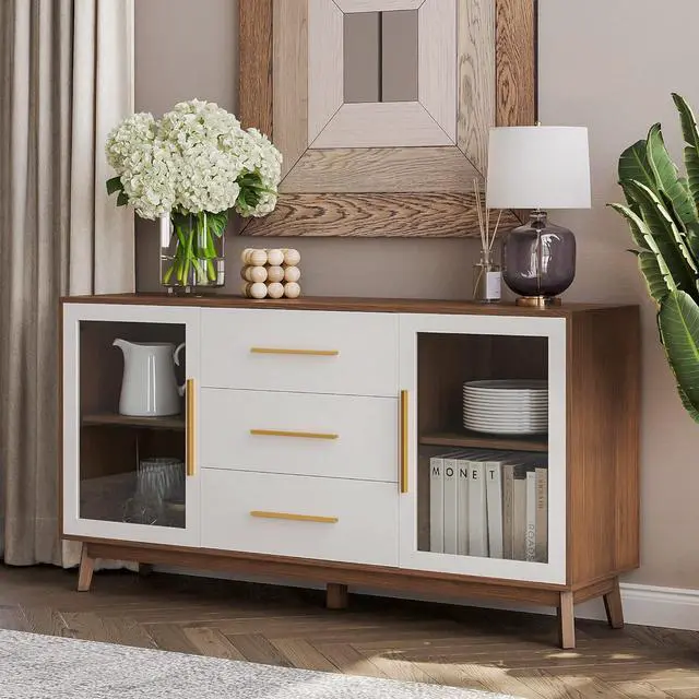 Alt view image 2 of 7 - BELLEZE 014-HG-40013-WH Sideboard Buffet 3 Drawers & 2 Doors, Console Table for Kitchen Glass Storage Coffee Bar Accent Cabinet for Living Dining Room Hallway, White