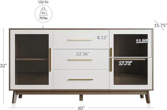 Alt view image 3 of 7 - BELLEZE 014-HG-40013-WH Sideboard Buffet 3 Drawers & 2 Doors, Console Table for Kitchen Glass Storage Coffee Bar Accent Cabinet for Living Dining Room Hallway, White