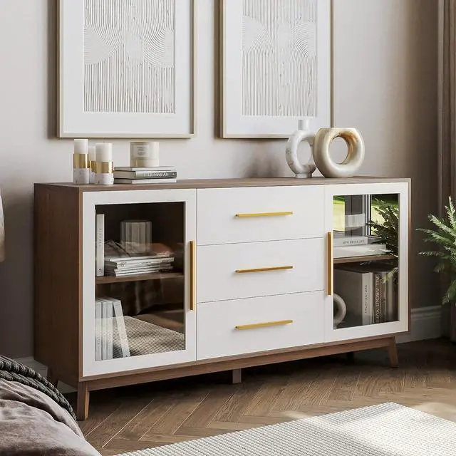 Alt view image 5 of 7 - BELLEZE 014-HG-40013-WH Sideboard Buffet 3 Drawers & 2 Doors, Console Table for Kitchen Glass Storage Coffee Bar Accent Cabinet for Living Dining Room Hallway, White