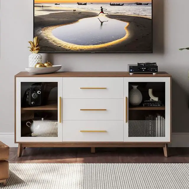 Alt view image 6 of 7 - BELLEZE 014-HG-40013-WH Sideboard Buffet 3 Drawers & 2 Doors, Console Table for Kitchen Glass Storage Coffee Bar Accent Cabinet for Living Dining Room Hallway, White