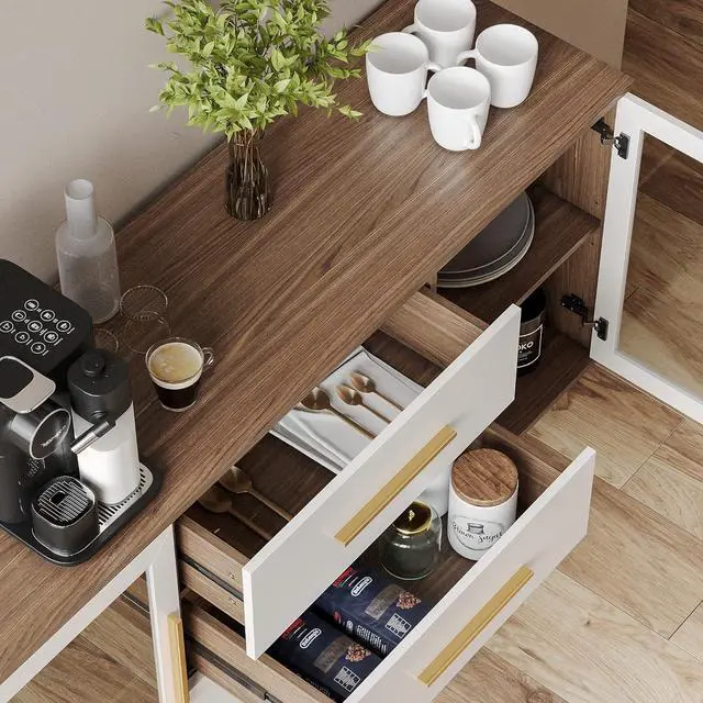 Alt view image 7 of 7 - BELLEZE 014-HG-40013-WH Sideboard Buffet 3 Drawers & 2 Doors, Console Table for Kitchen Glass Storage Coffee Bar Accent Cabinet for Living Dining Room Hallway, White
