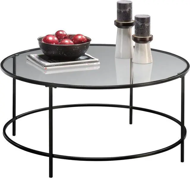 Alt view image 5 of 7 - Sauder International Lux Round Coffee Table, L: 35.98" x W: 35.98" x H: 16.50", Black/Clear Glass