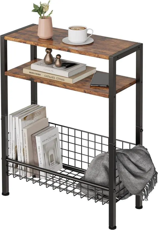 Main image of DIY Narrow Side Table, 3 Tier End Table with Various Storage Basket, Slim Sofa Side Table for Small Spaces, Skinny Nightstand, for Living Room, Bedroom, Rustic Brown