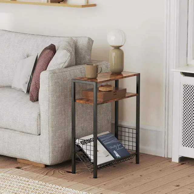 Alt view image 2 of 7 - DIY Narrow Side Table, 3 Tier End Table with Various Storage Basket, Slim Sofa Side Table for Small Spaces, Skinny Nightstand, for Living Room, Bedroom, Rustic Brown