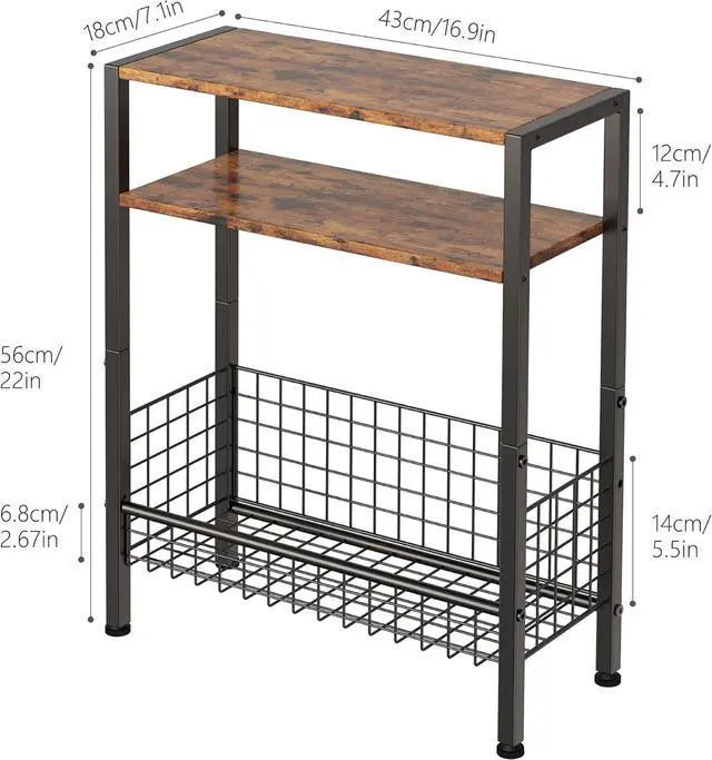 Alt view image 3 of 7 - DIY Narrow Side Table, 3 Tier End Table with Various Storage Basket, Slim Sofa Side Table for Small Spaces, Skinny Nightstand, for Living Room, Bedroom, Rustic Brown