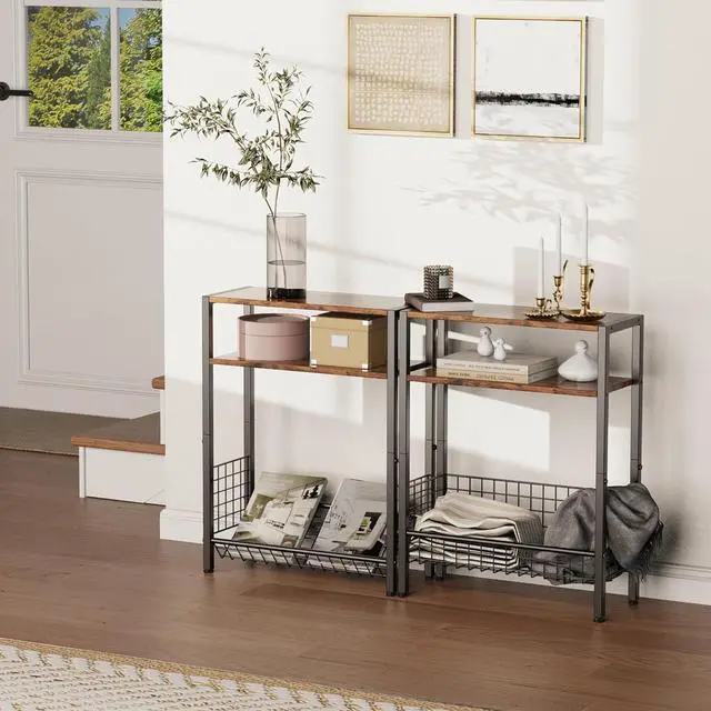Alt view image 4 of 7 - DIY Narrow Side Table, 3 Tier End Table with Various Storage Basket, Slim Sofa Side Table for Small Spaces, Skinny Nightstand, for Living Room, Bedroom, Rustic Brown