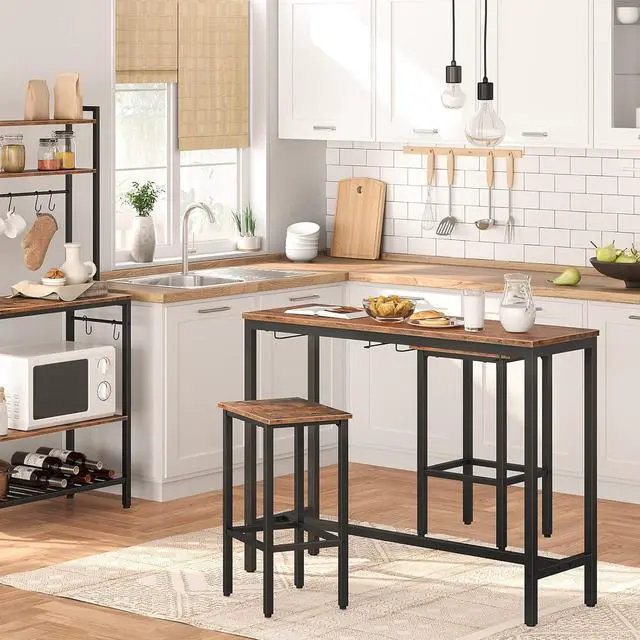 Alt view image 2 of 7 - HOOBRO Bar Table Set, Pub Tables Bar Height with Stools Set of 2, Bar Chairs Under Counter Height Table for Small Spaces, Industrial Dining Table Sets for Kitchen, Living Room, Parties BF54BT01