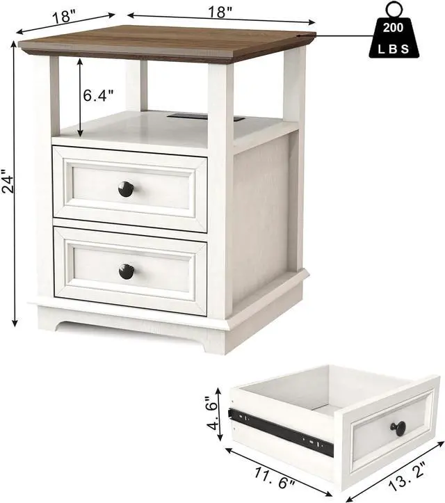 Alt view image 3 of 7 - End Table with Fast USB C Charging Station, 18" Wide Tall Sofa Side Table with 2 Drawers, Large Storage Rustic Wood Square Storage Cabinet for Living Room,Bedroom,Office, White