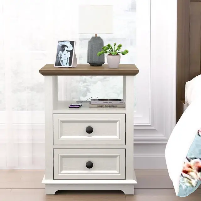 Alt view image 7 of 7 - End Table with Fast USB C Charging Station, 18" Wide Tall Sofa Side Table with 2 Drawers, Large Storage Rustic Wood Square Storage Cabinet for Living Room,Bedroom,Office, White