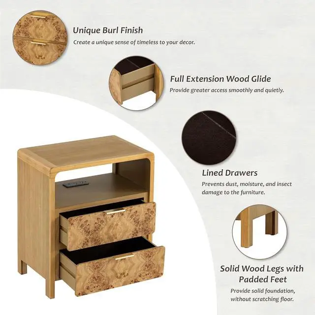 Alt view image 4 of 7 - Farmhouse Nightstand with Charging Station, Side Table with Power Outlet and USB & Type C Ports, Wood Bedside Table for Bedroom, Fully Assembled, Rustic, Natural, Burl