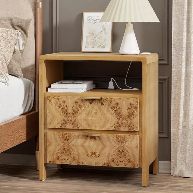 Alt view image 5 of 7 - Farmhouse Nightstand with Charging Station, Side Table with Power Outlet and USB & Type C Ports, Wood Bedside Table for Bedroom, Fully Assembled, Rustic, Natural, Burl