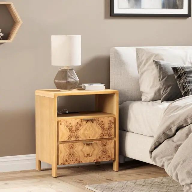 Alt view image 6 of 7 - Farmhouse Nightstand with Charging Station, Side Table with Power Outlet and USB & Type C Ports, Wood Bedside Table for Bedroom, Fully Assembled, Rustic, Natural, Burl