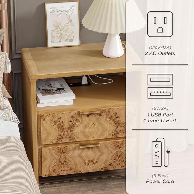 Alt view image 3 of 7 - Farmhouse Nightstand with Charging Station, Side Table with Power Outlet and USB & Type C Ports, Wood Bedside Table for Bedroom, Fully Assembled, Rustic, Natural, Burl