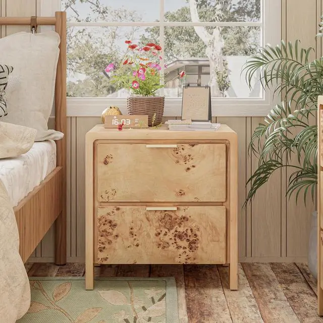 Main image of Fully Assembled Farmhouse Nightstand with Drawer, Distressed Wood Retro Accent Bedside Table, Small Nightstand Organizer, Mid Century Modern End Table for Bedroom, Rustic, Burl