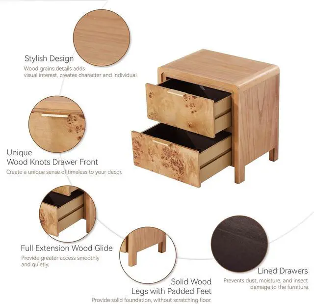Alt view image 3 of 7 - Fully Assembled Farmhouse Nightstand with Drawer, Distressed Wood Retro Accent Bedside Table, Small Nightstand Organizer, Mid Century Modern End Table for Bedroom, Rustic, Burl