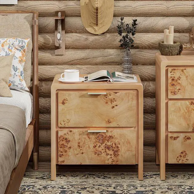 Alt view image 6 of 7 - Fully Assembled Farmhouse Nightstand with Drawer, Distressed Wood Retro Accent Bedside Table, Small Nightstand Organizer, Mid Century Modern End Table for Bedroom, Rustic, Burl