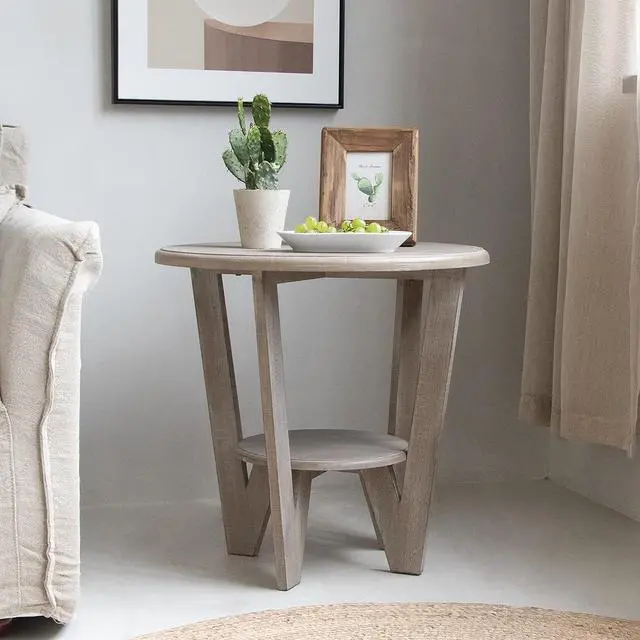 Main image of LONYKE Round Farmhouse End Table with Storage ShelfFrench Country Grey Accent Table, Dinning or Living Room, Small Spaces, Modern, Vintage Grey Finish