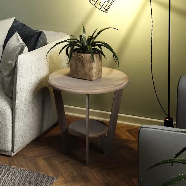 Alt view image 4 of 6 - LONYKE Round Farmhouse End Table with Storage ShelfFrench Country Grey Accent Table, Dinning or Living Room, Small Spaces, Modern, Vintage Grey Finish
