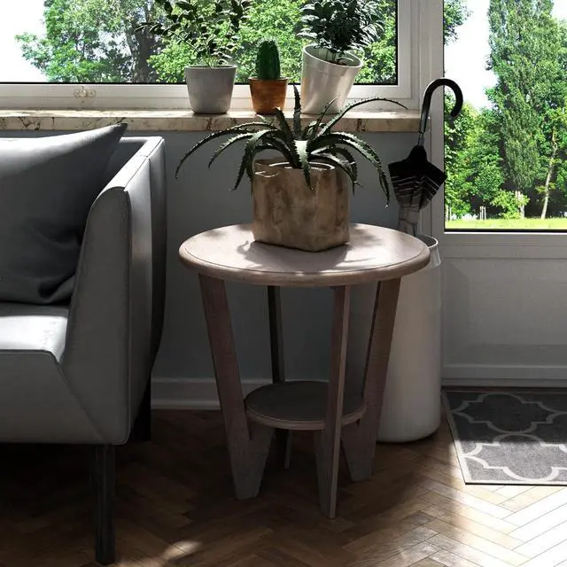 Alt view image 6 of 6 - LONYKE Round Farmhouse End Table with Storage ShelfFrench Country Grey Accent Table, Dinning or Living Room, Small Spaces, Modern, Vintage Grey Finish