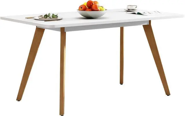 Alt view image 3 of 7 - 47.2" Dining Table for 4-6 Person - Rectangular Kitchen Table with Soild Wood Legs Mid Century Modern Table for Dinning Room, Kitchen, Living Room (White)