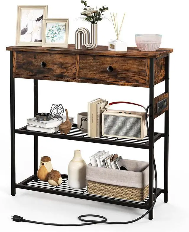 Main image of GOFLAME Console Table with Charging Station, Narrow Entryway Table with 2 Drawers & 2 Metal Mesh Shelves, Accent Sofa Side Table with 2 AC Outlets & 2 USB Ports for Living Room, Foyer, Couch, Brown