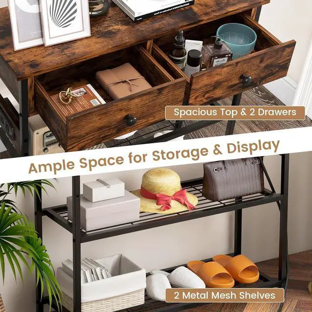 Alt view image 5 of 7 - GOFLAME Console Table with Charging Station, Narrow Entryway Table with 2 Drawers & 2 Metal Mesh Shelves, Accent Sofa Side Table with 2 AC Outlets & 2 USB Ports for Living Room, Foyer, Couch, Brown