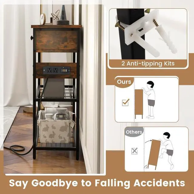 Alt view image 6 of 7 - GOFLAME Console Table with Charging Station, Narrow Entryway Table with 2 Drawers & 2 Metal Mesh Shelves, Accent Sofa Side Table with 2 AC Outlets & 2 USB Ports for Living Room, Foyer, Couch, Brown