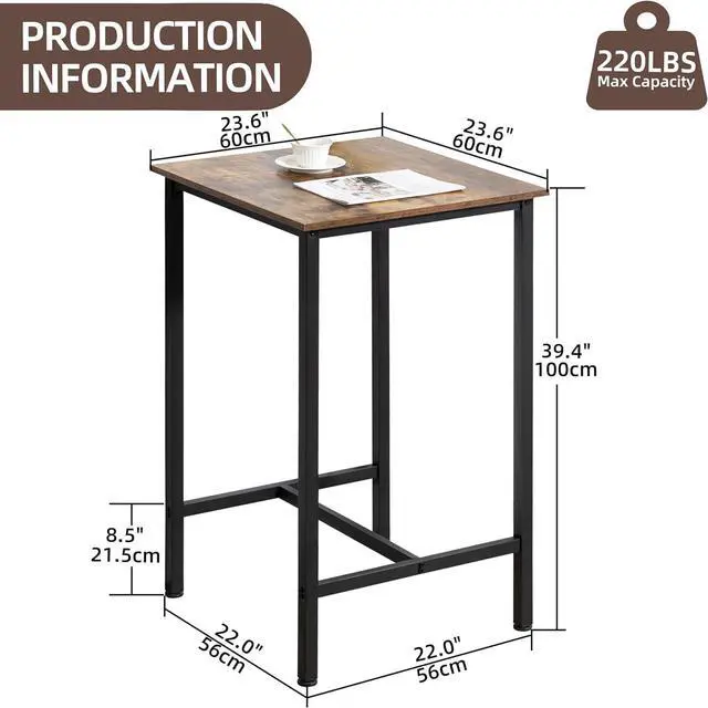 Alt view image 5 of 7 - Finnhomy Bar Table, 23.6" Pub Table High Top Table, Square Bar Height Table, Counter Height Cocktail Table, Small Kitchen Table Set for 2, Breakfast for Kitchen, Living Room, Rustic Brown