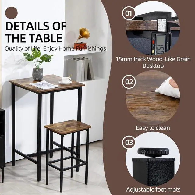 Alt view image 6 of 7 - Finnhomy Bar Table, 23.6" Pub Table High Top Table, Square Bar Height Table, Counter Height Cocktail Table, Small Kitchen Table Set for 2, Breakfast for Kitchen, Living Room, Rustic Brown