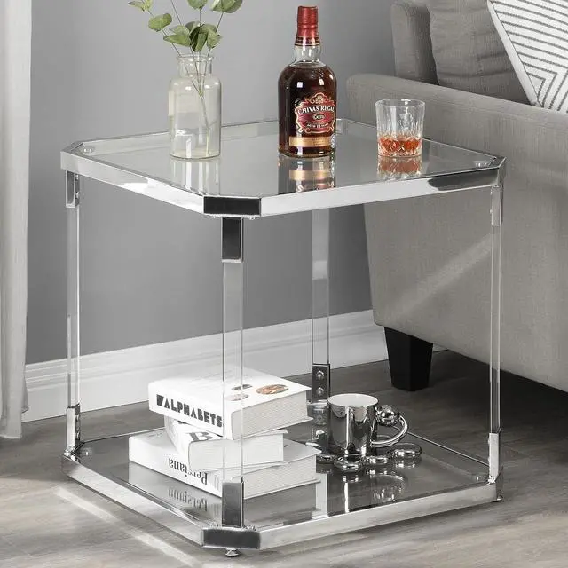 Main image of Glass Top Side Table - Silver Square Glass Top End Table Clear Acrylic Nightstand for Living Room Bedside Bedroom
