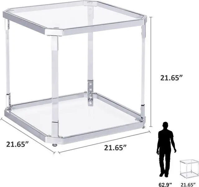 Alt view image 2 of 7 - Glass Top Side Table - Silver Square Glass Top End Table Clear Acrylic Nightstand for Living Room Bedside Bedroom