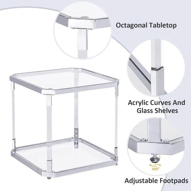 Alt view image 3 of 7 - Glass Top Side Table - Silver Square Glass Top End Table Clear Acrylic Nightstand for Living Room Bedside Bedroom