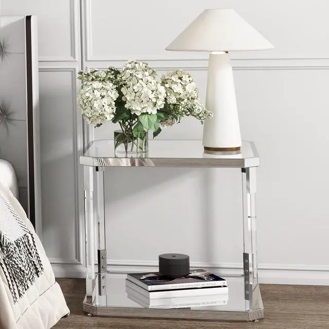 Alt view image 6 of 7 - Glass Top Side Table - Silver Square Glass Top End Table Clear Acrylic Nightstand for Living Room Bedside Bedroom